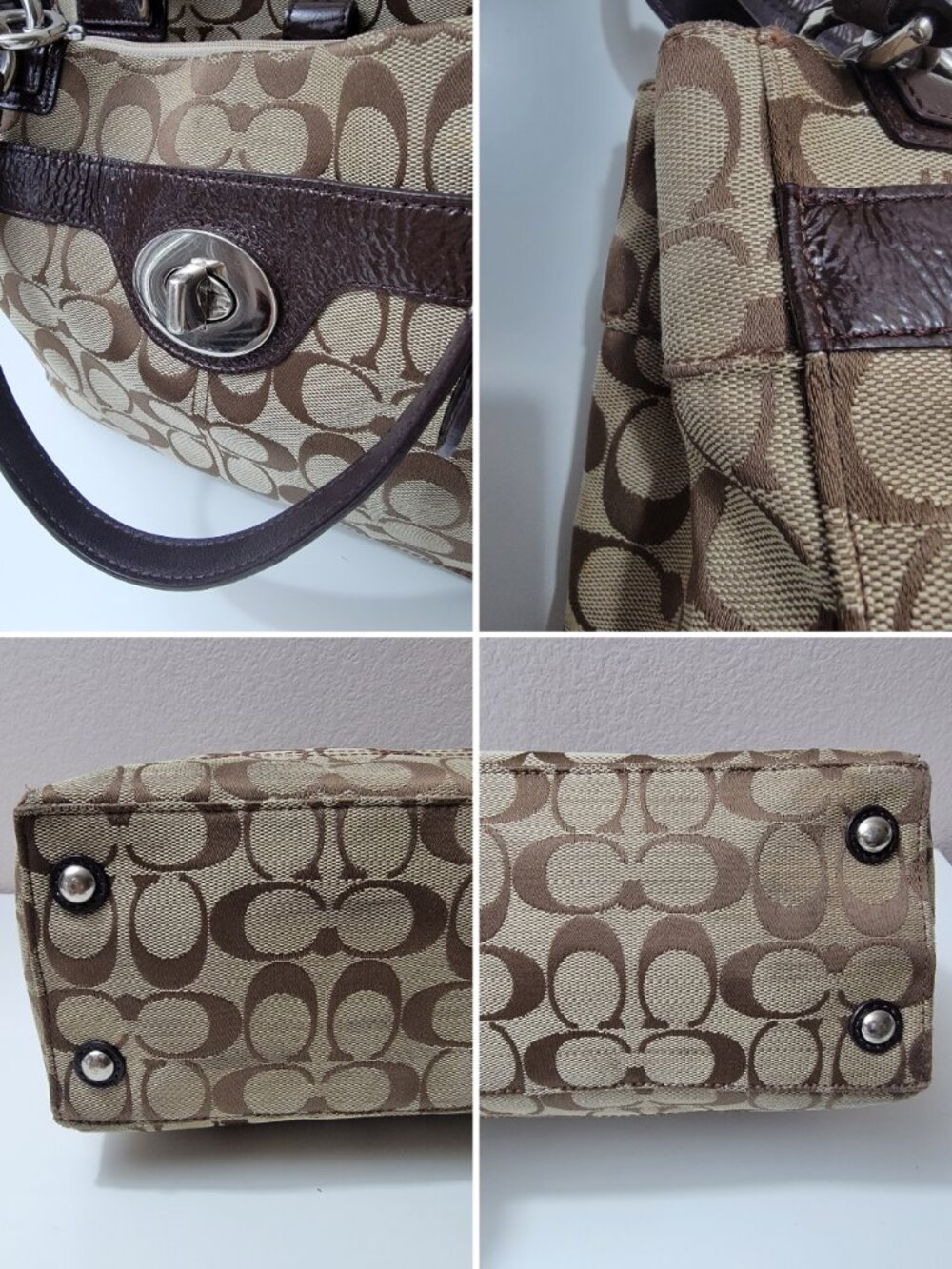 Coach Signature Tote Handbags Khaki Brown Patent Leather Turnlock Bag F16540 - Picture 11 of 12